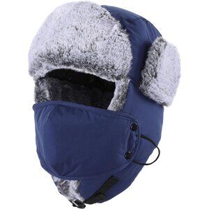 Men's Navy Blue Trapper Hat Faux Fur Trooper Hunting Cap with Face Mask